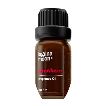 Bottle of Laguna Moon Strawberry fragrance oil with a black cap.
