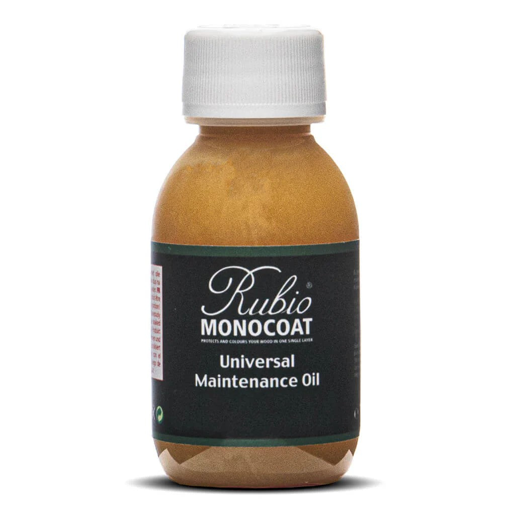 Bottle of Rubio Monocoat Universal Maintenance Oil on a white background