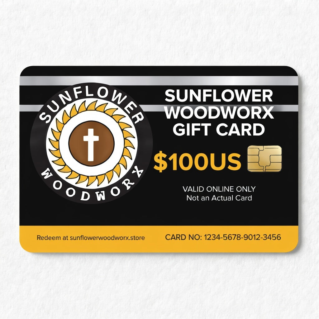 Sunflower Woodworx gift card on a white background