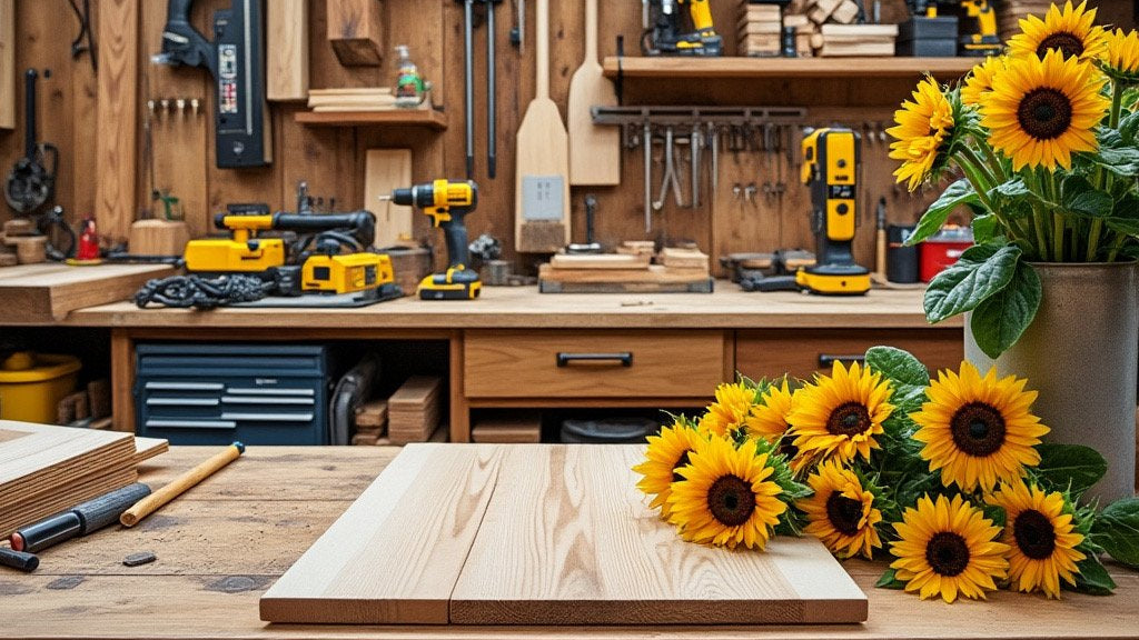A workshop with sunflowers in the foreground