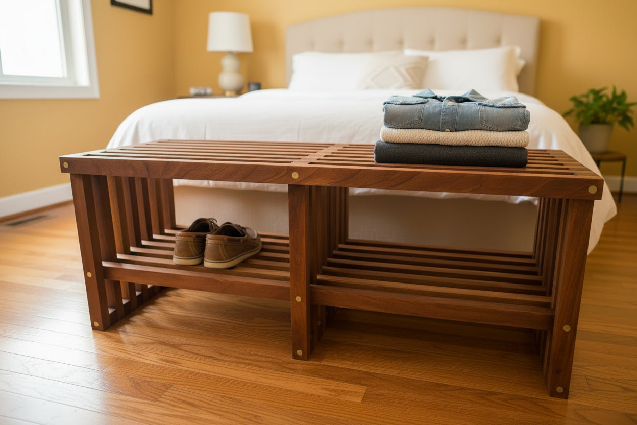 Wooden bench with slatted design on a white background