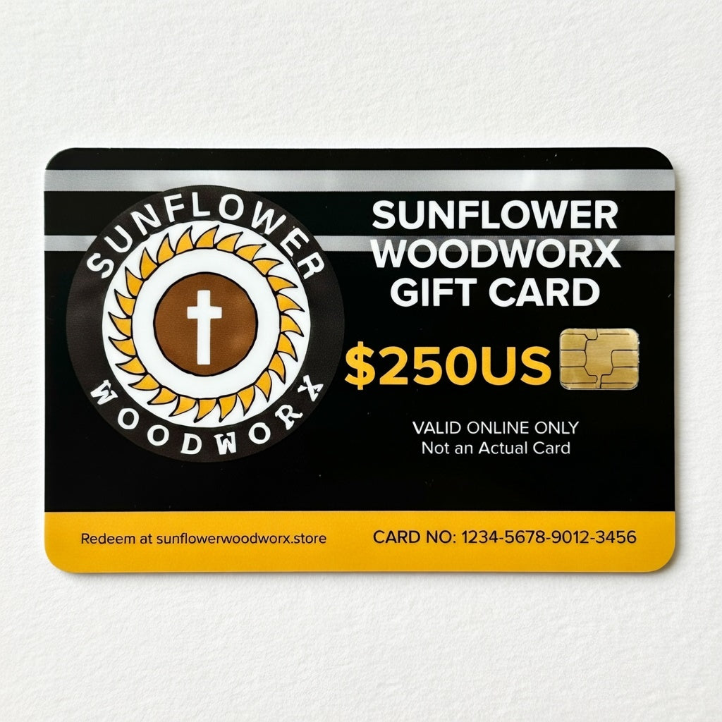 Sunflower Woodworx gift card with a black and yellow design on a white background