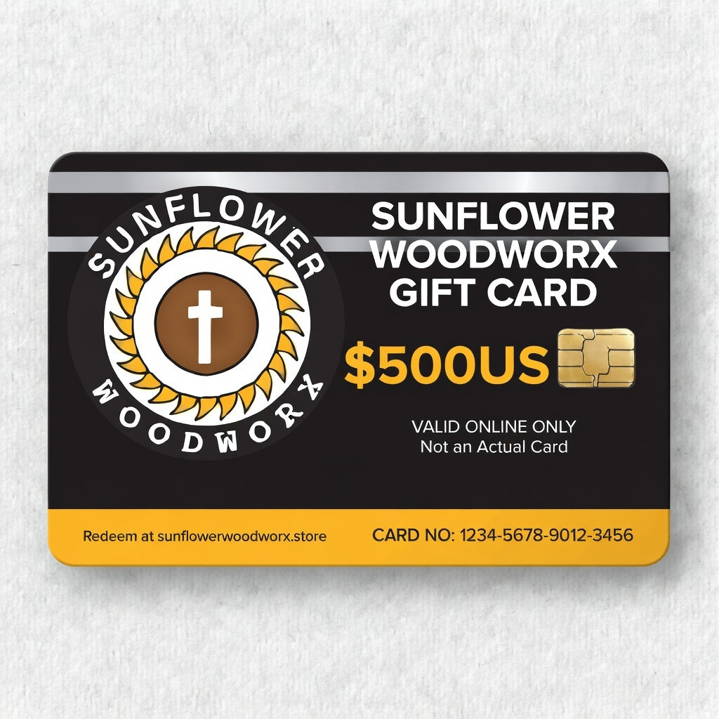 Sunflower Woodworx gift card with a black and yellow design on a white background