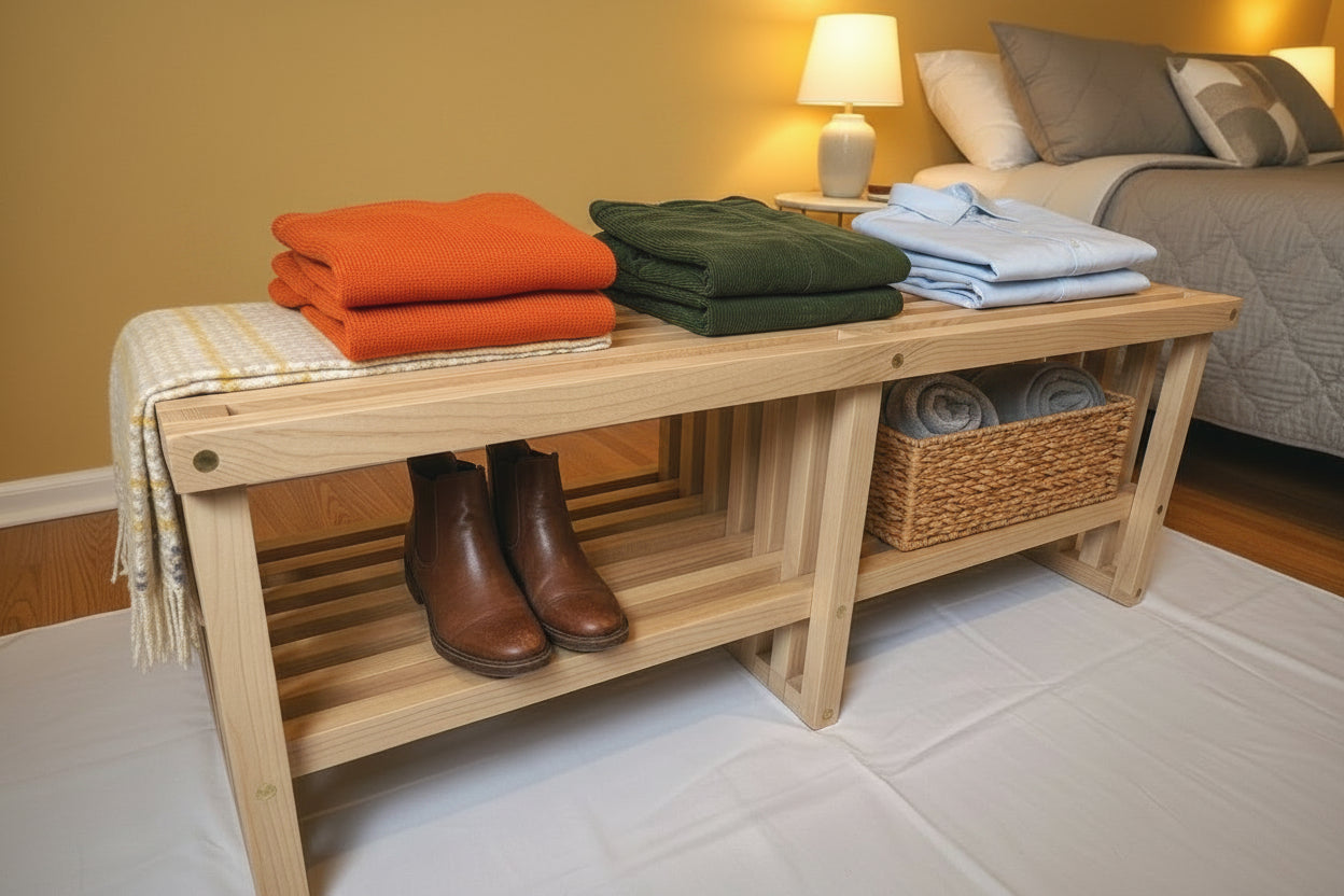 Wooden bench with slatted design on a plain background
