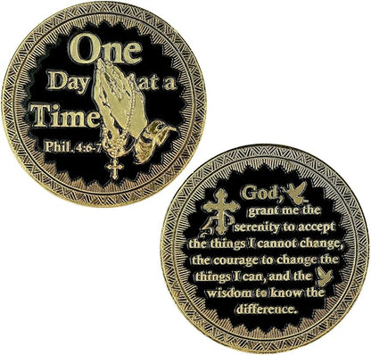 Two round coins with religious inscriptions and symbols on a white background