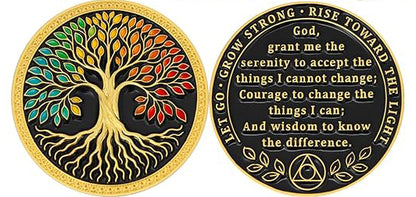 Two coins with one featuring a tree design and the other with text and symbols.