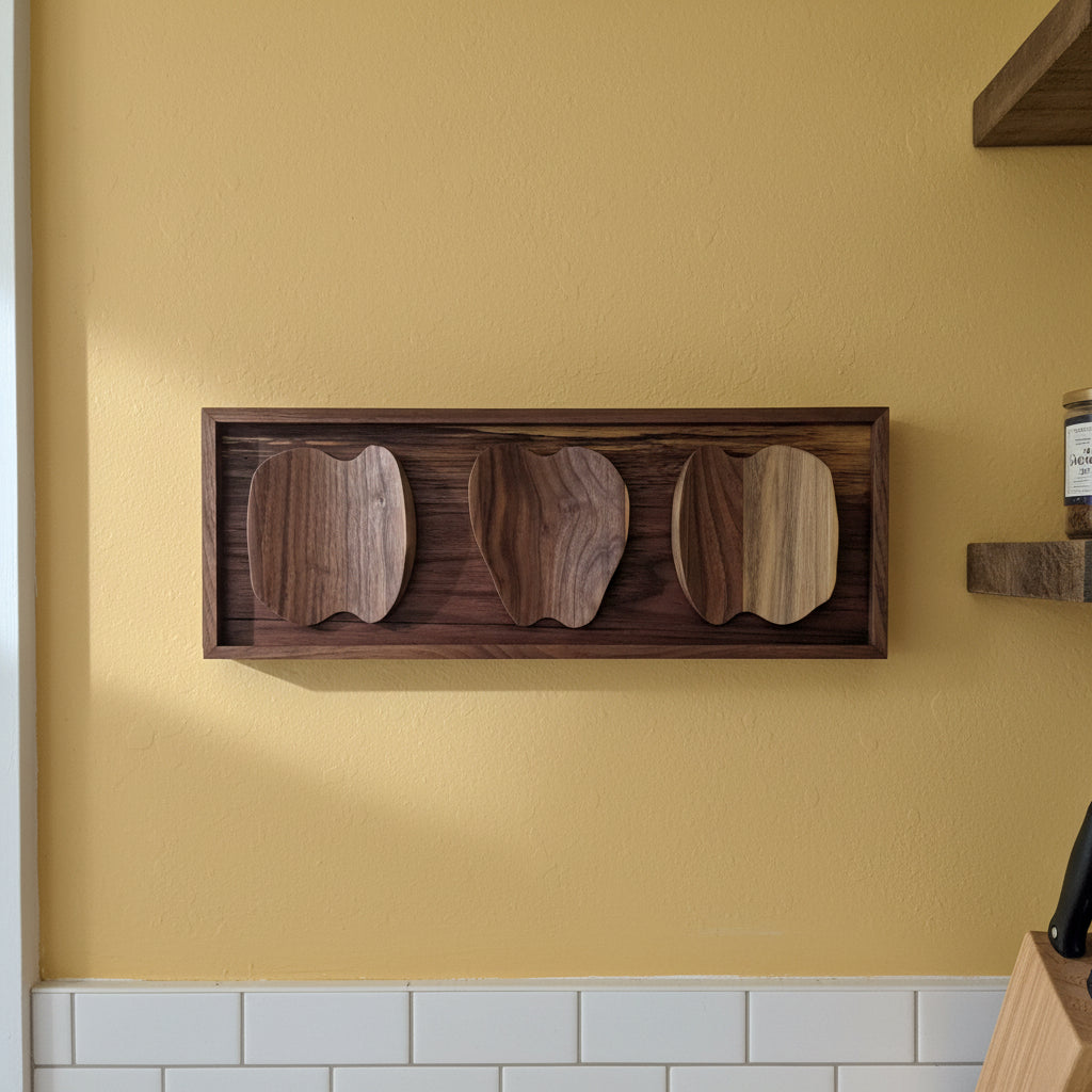 Wooden wall art with three apple cutouts on a white surface with a sunflower-patterned mat underneath, against a green plant background.