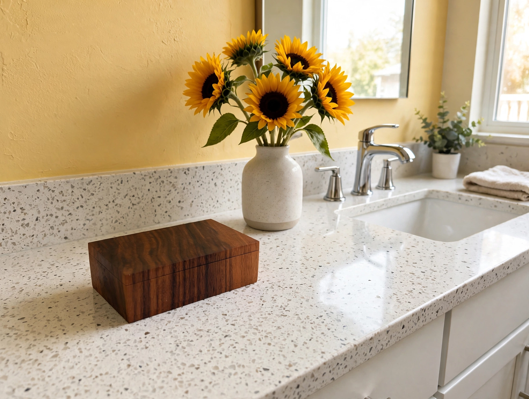 FLOZERZ! black walnut floss pick box on a bathroom vanity