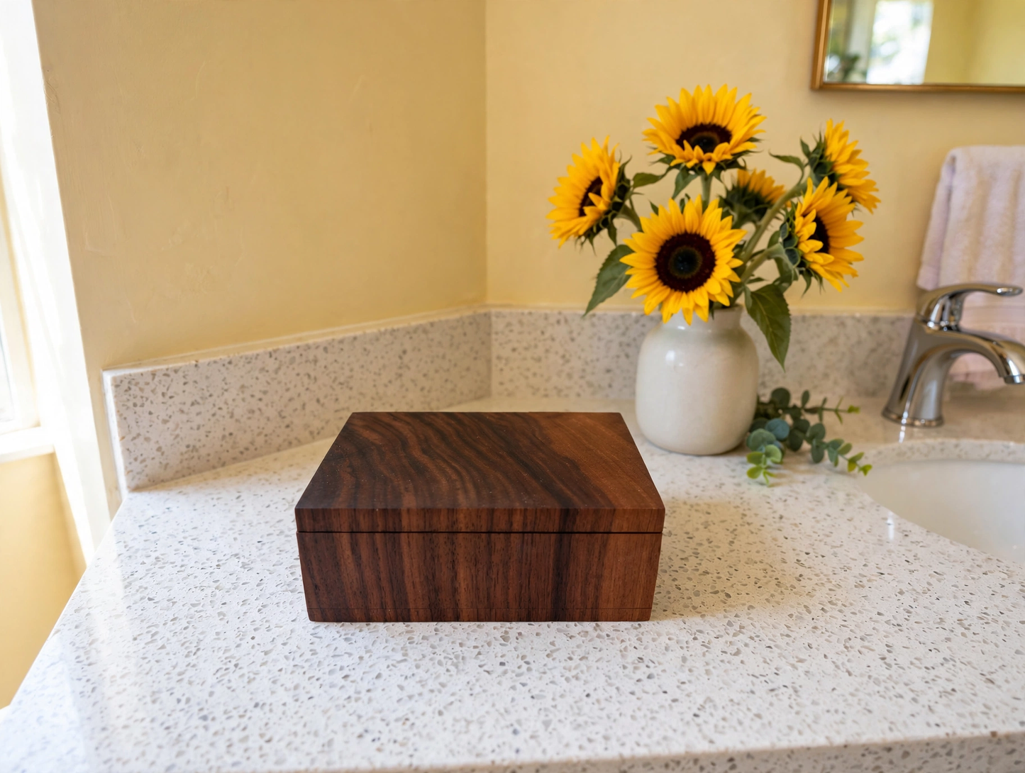 EARZ! black walnut cotton swab box closed on a bathroom vanity