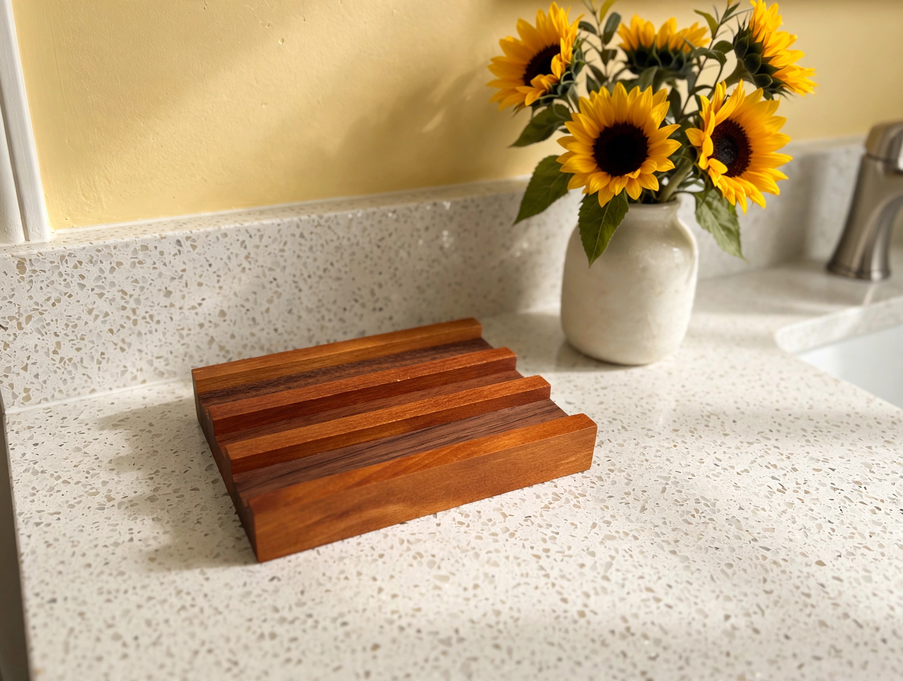 Soap HOLDERZ! walnut and cherry draining soap dish on a bathroom vanity