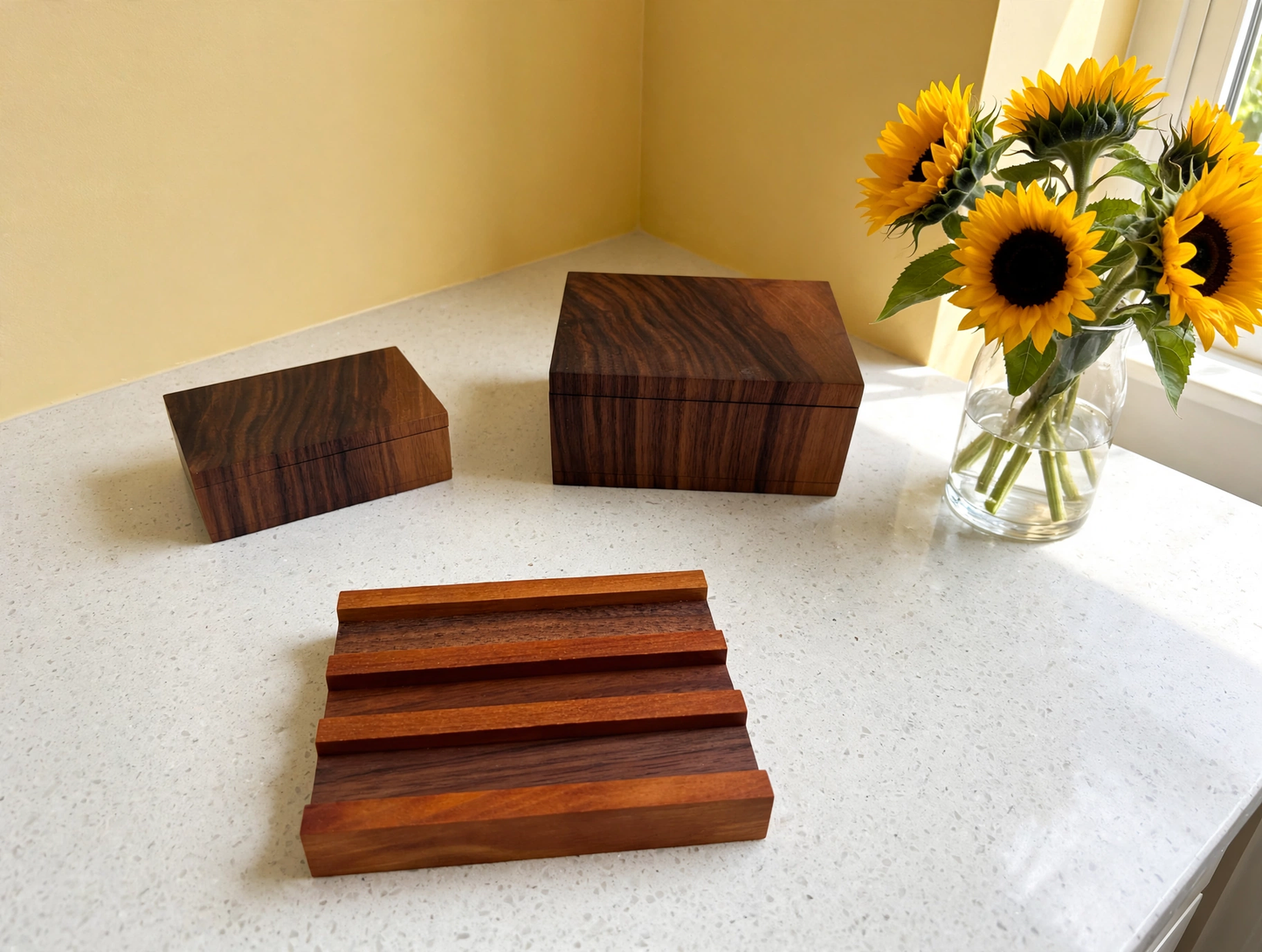 The Ultimate Potty Collection: black walnut cotton swab box, floss pick box, and soap dish together
