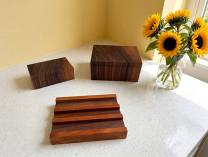 The Ultimate Potty Collection: black walnut cotton swab box, floss pick box, and soap dish together