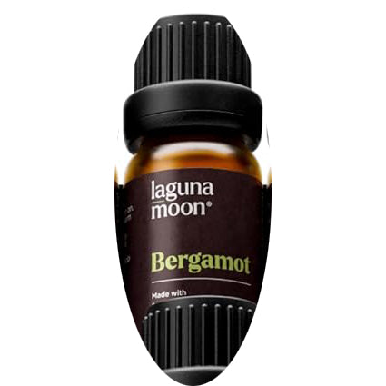 Bottle of Laguna Moon Bergamot essential oil with a black cap.