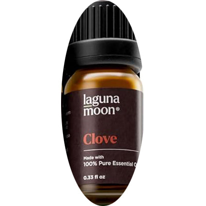 Laguna Moon Clove essential oil bottle on a dark background