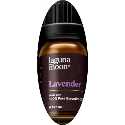 Lavender essential oil bottle with 'laguna moon' branding on a dark background