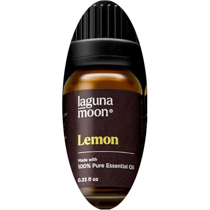 Laguna Moon Lemon essential oil bottle on a dark background