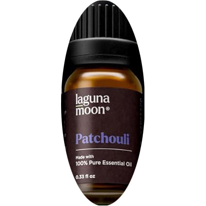 Laguna Moon Patchouli essential oil bottle on a dark background