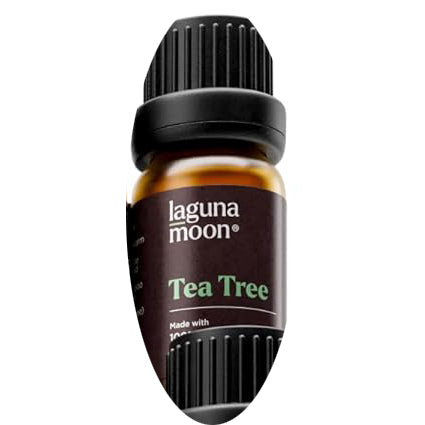 Tea tree oil bottle with 'laguna moon' branding on a black background