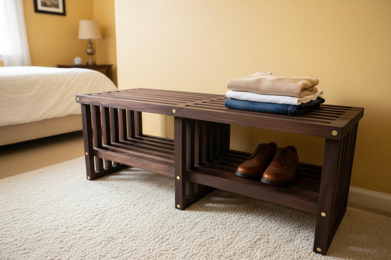 Wooden bench with slatted design on a white fabric background