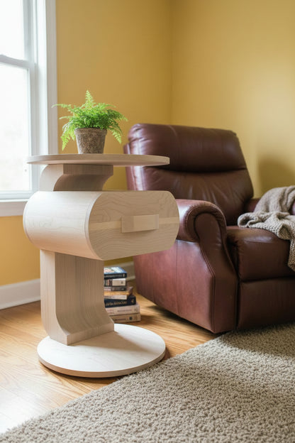 Wooden side table with a cylindrical design against a floral background