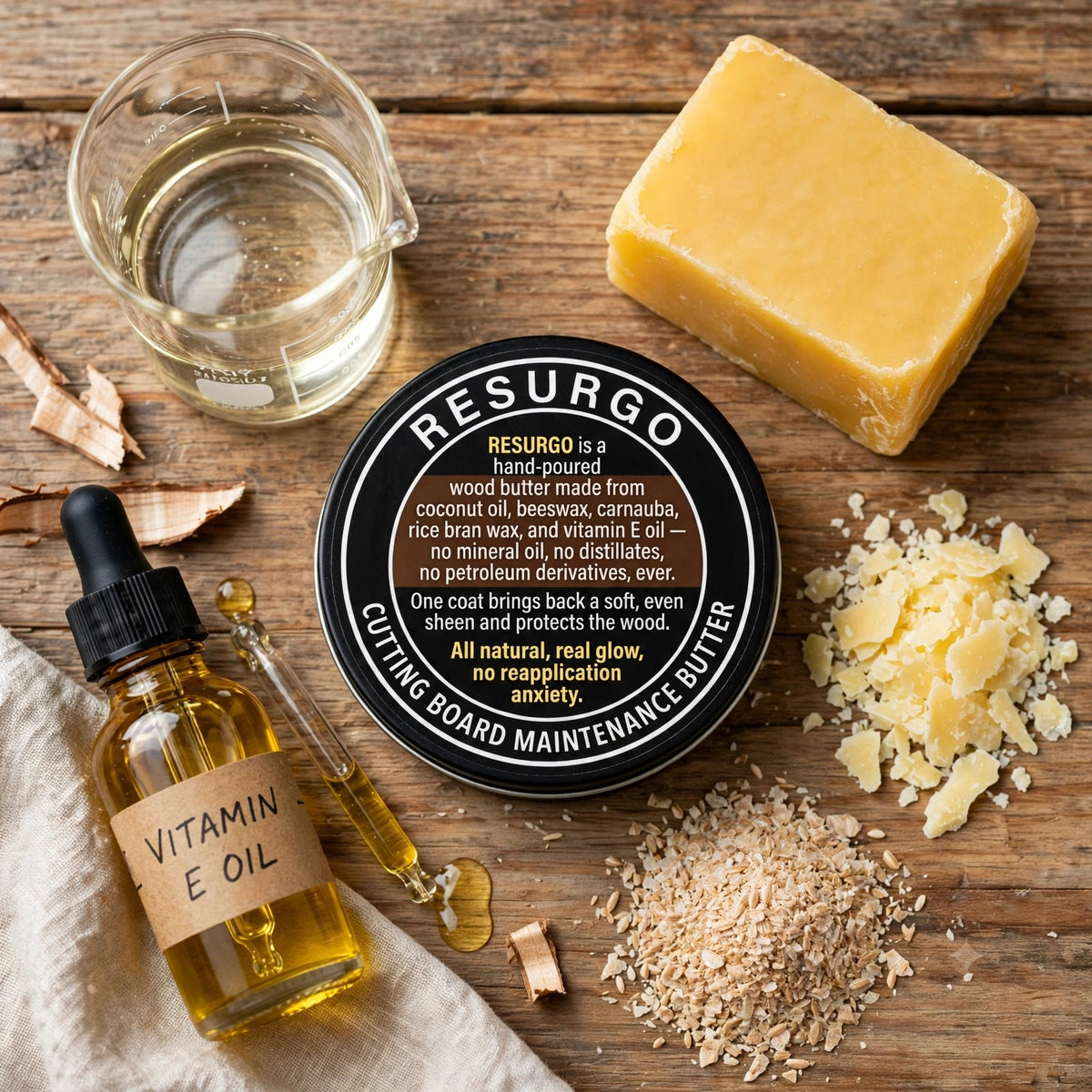 RESURGO ingredient flat lay: coconut oil, beeswax, carnauba, rice bran wax, vitamin E