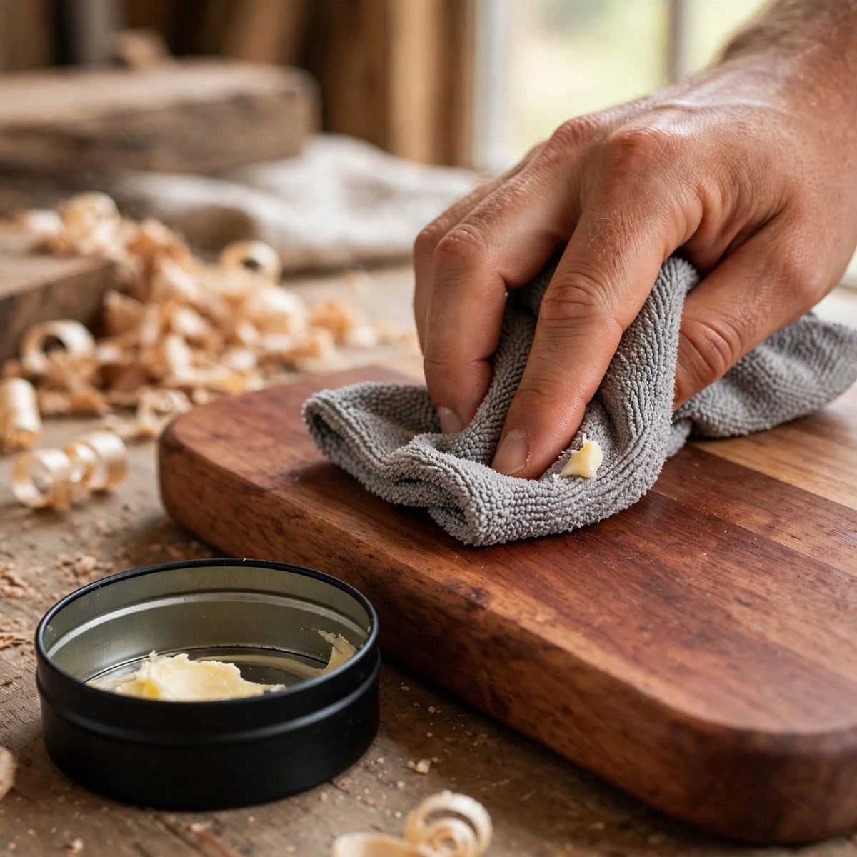 Buffing RESURGO wood butter into a cutting board with a cloth